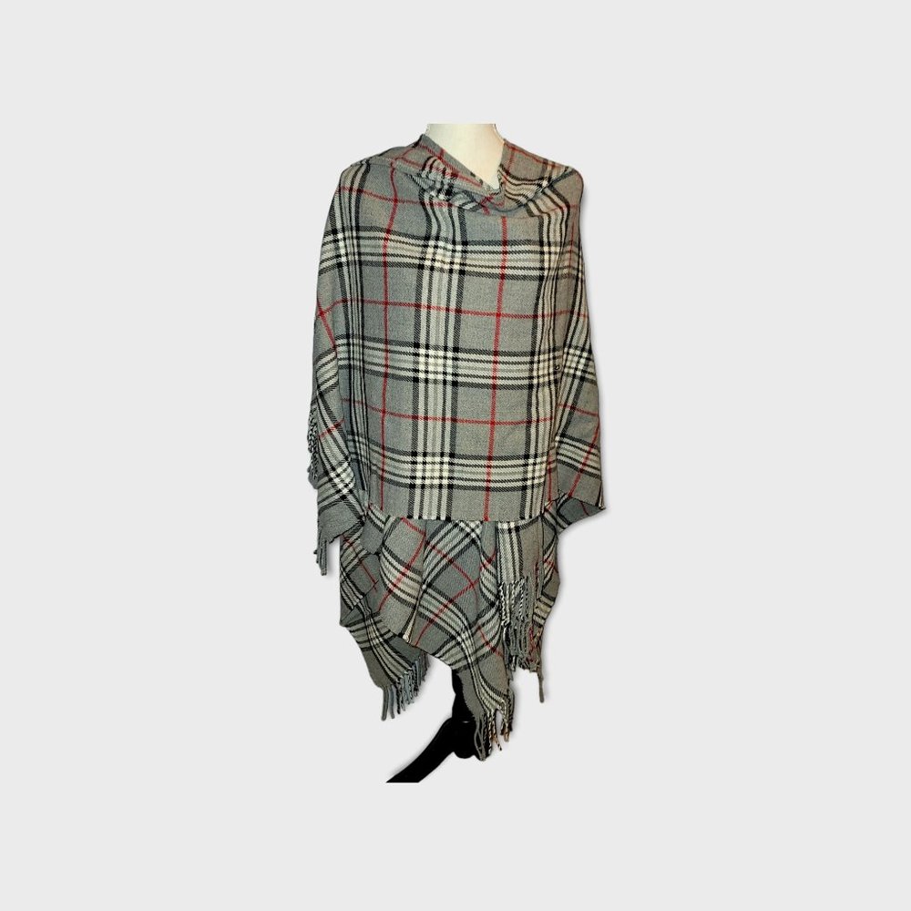 V. Fraas Plaid Open Front Ruana with Long Fringe